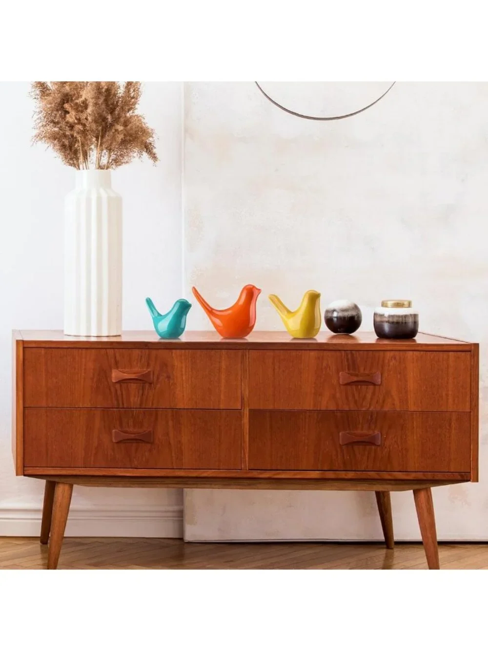 3pcs Mid Century Modern Ceramic Birds Decor - Vibrant Orange, Blue & Yellow for